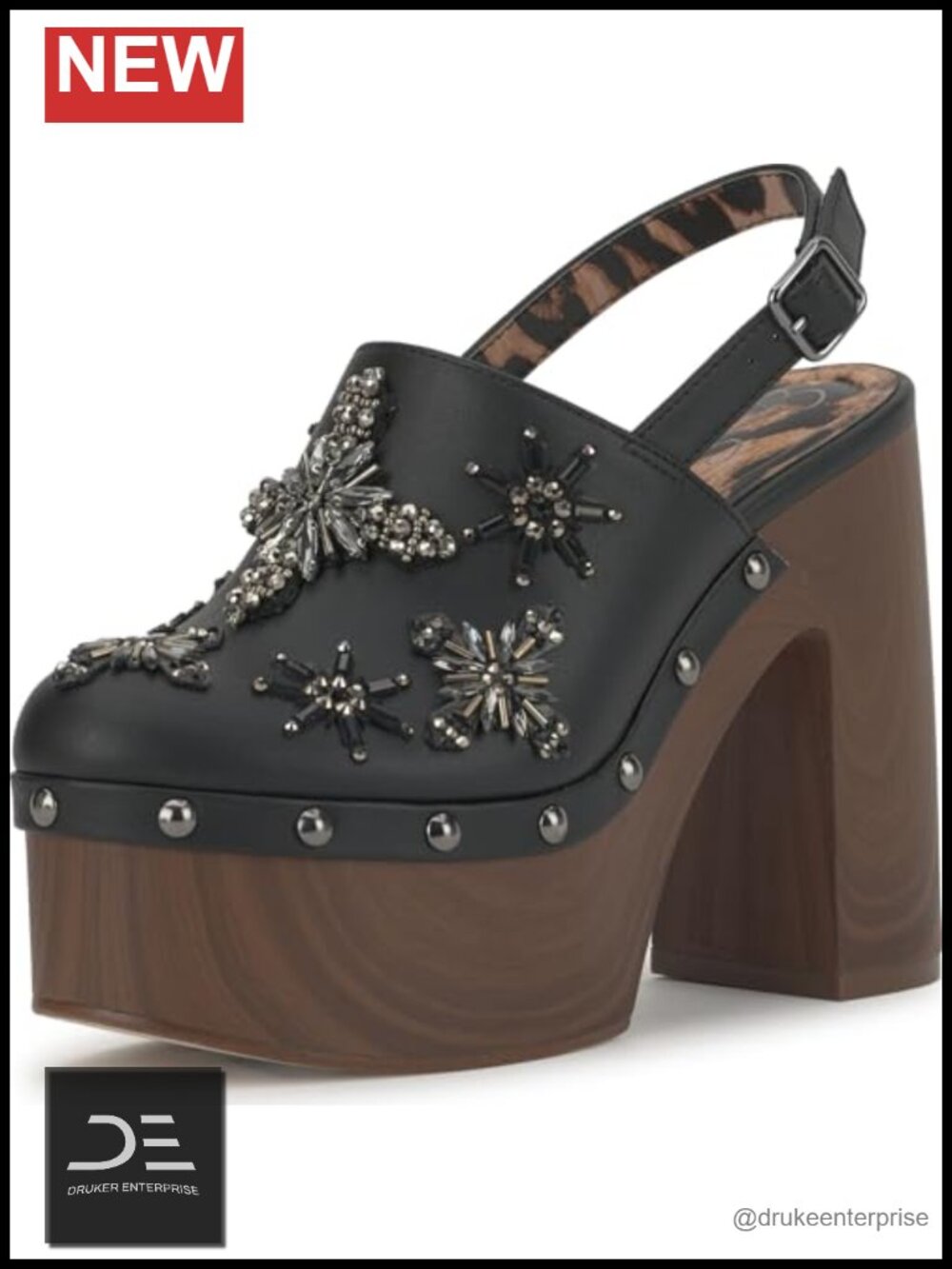 Faux Leather Studded Platform Clog Block Heel Slingback Buckle